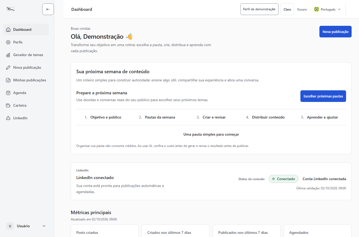 Prévia da plataforma ElevPersona para organizar e criar conteúdo no LinkedIn